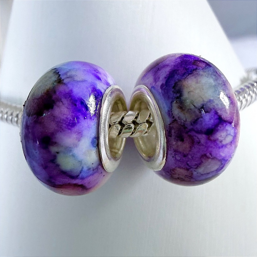 2Pc Purple & Silver Bead Charm Fits European Snake Chain Bracelet Purple Marble